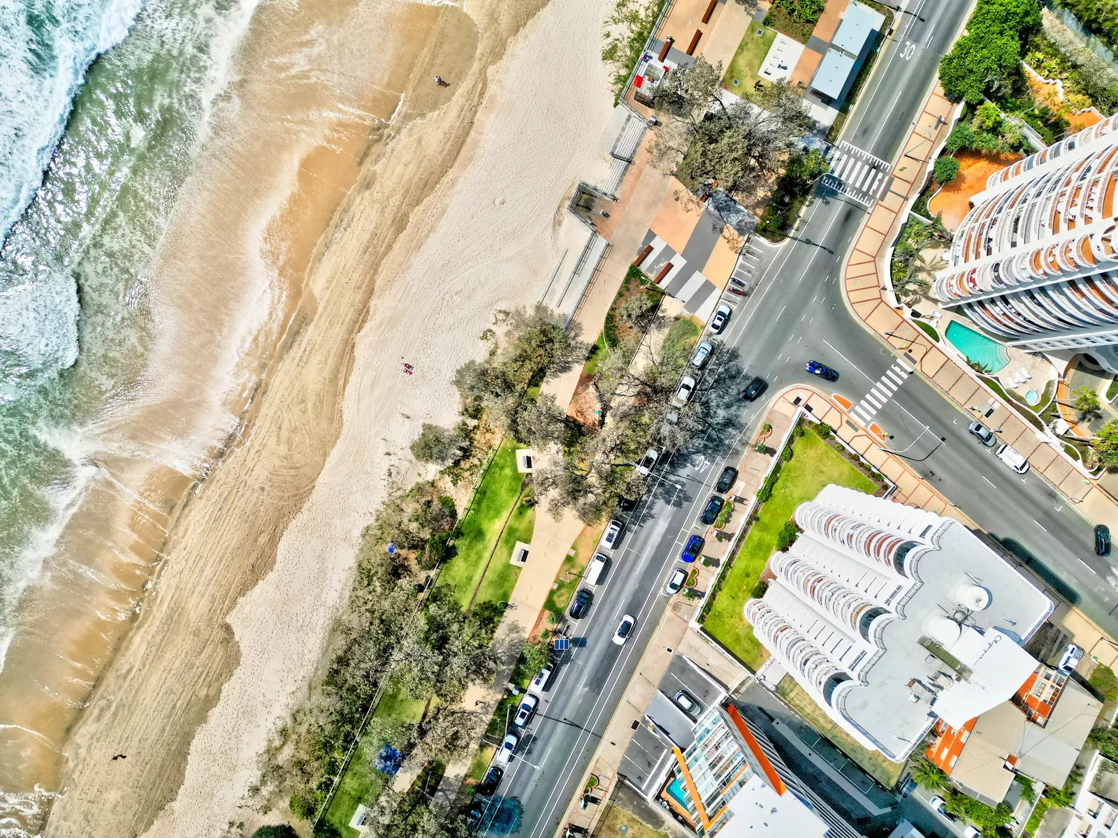 Looking straight down on Surfers Paradise beach, the foreshore and The Esplanade